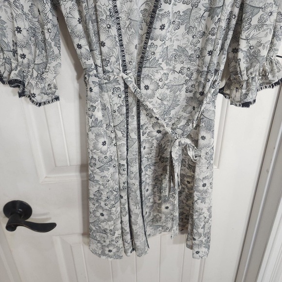 Oscar De La Renta Pink Label Robe Womens M White Black Floral Tie 3/4 Sleeve - Picture 5 of 10